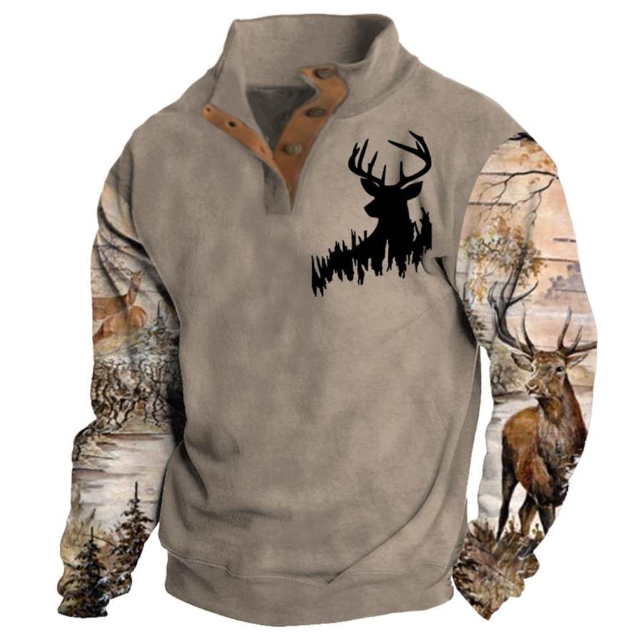 Men's Sweatshirt Hunting Deer Buttons Stand Collar Daily Tops