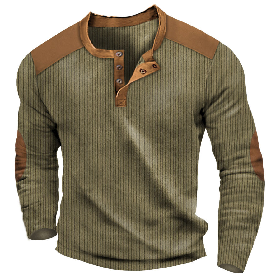 

Men's Henley T-Shirt Vintage Corduroy Elbow Patch Outdoor Long Sleeve Tops