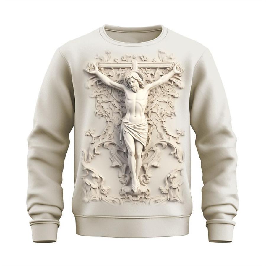 Men's Jesus Cross Sculpture Printed Retro Hooded Sweatshirt