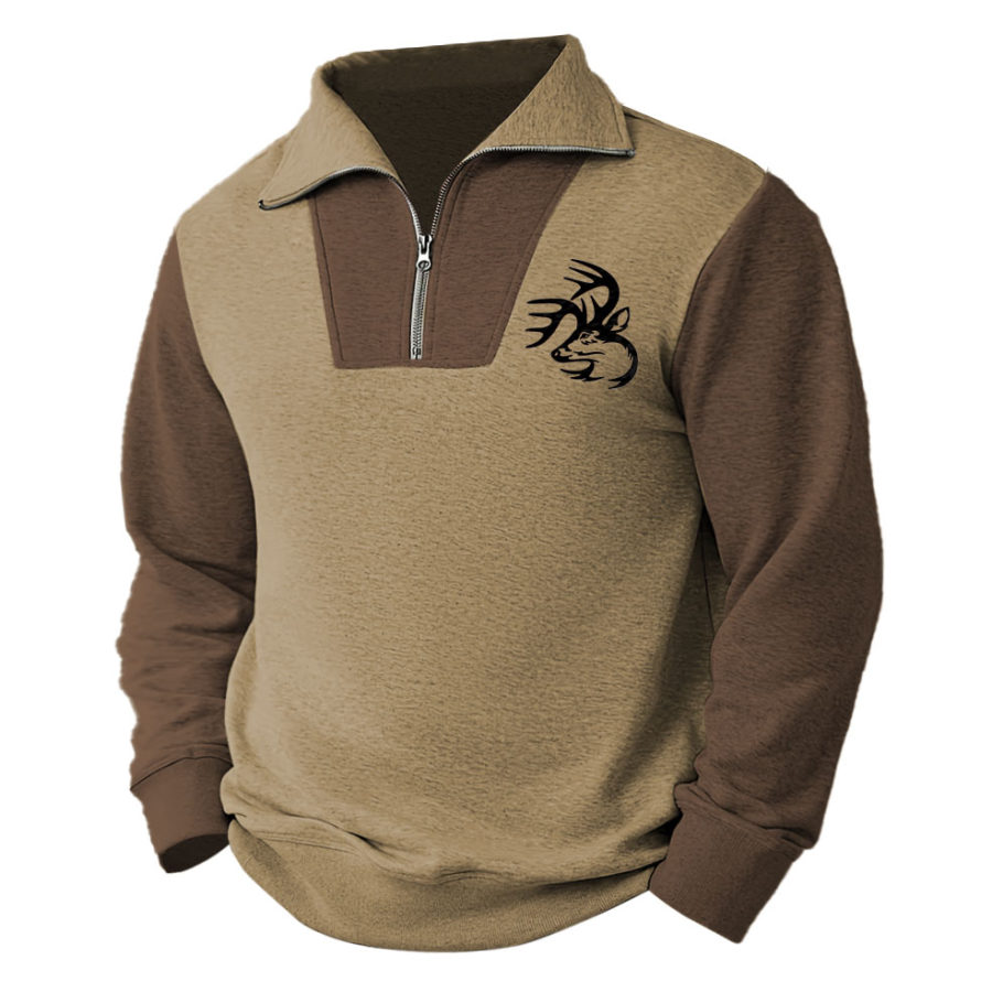 Sudadera Para Hombre Con Cremallera De Un Cuarto Caza De Alces Manga Larga Bloques De Color Tops Diarios