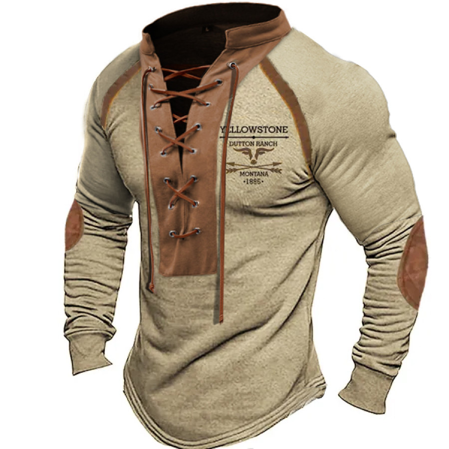 

Men's Vintage Western Yellowstone Drawstring Stand Collar Long Sleeve T-Shirt Elbow Patches Top