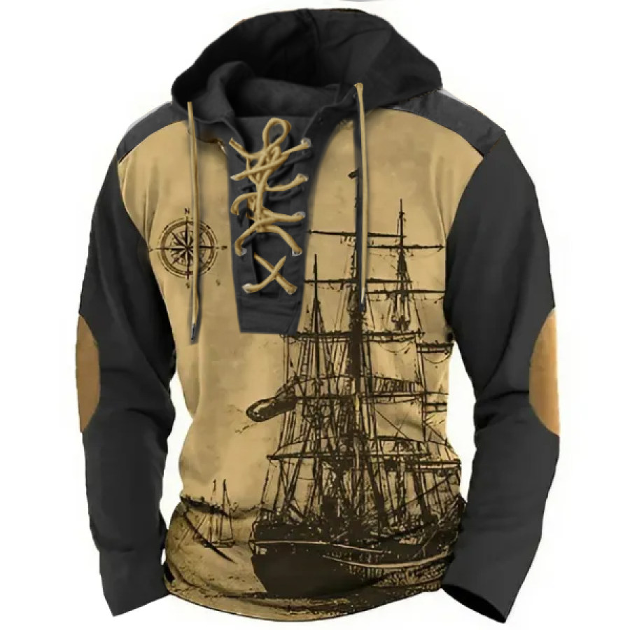

Men's Retro Nautical Sailing Compass Print Zipper Stand Collar Drawstring Hooded Sweatshirt Christmas Holiday Tops Khaki