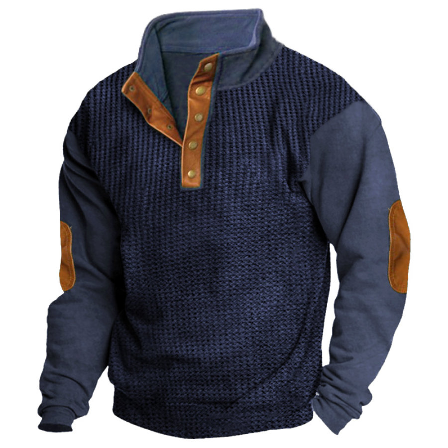 

Men's Vintage Waffle Henley Sweatshirt Elbow Leather Color Block Outdoor Athleisure Pullover