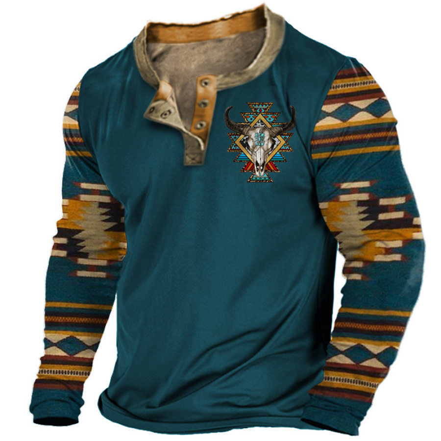 

Camiseta Casual De Manga Larga Henley Con Bloques De Color Y Estampado étnico Occidental Vintage Para Hombre