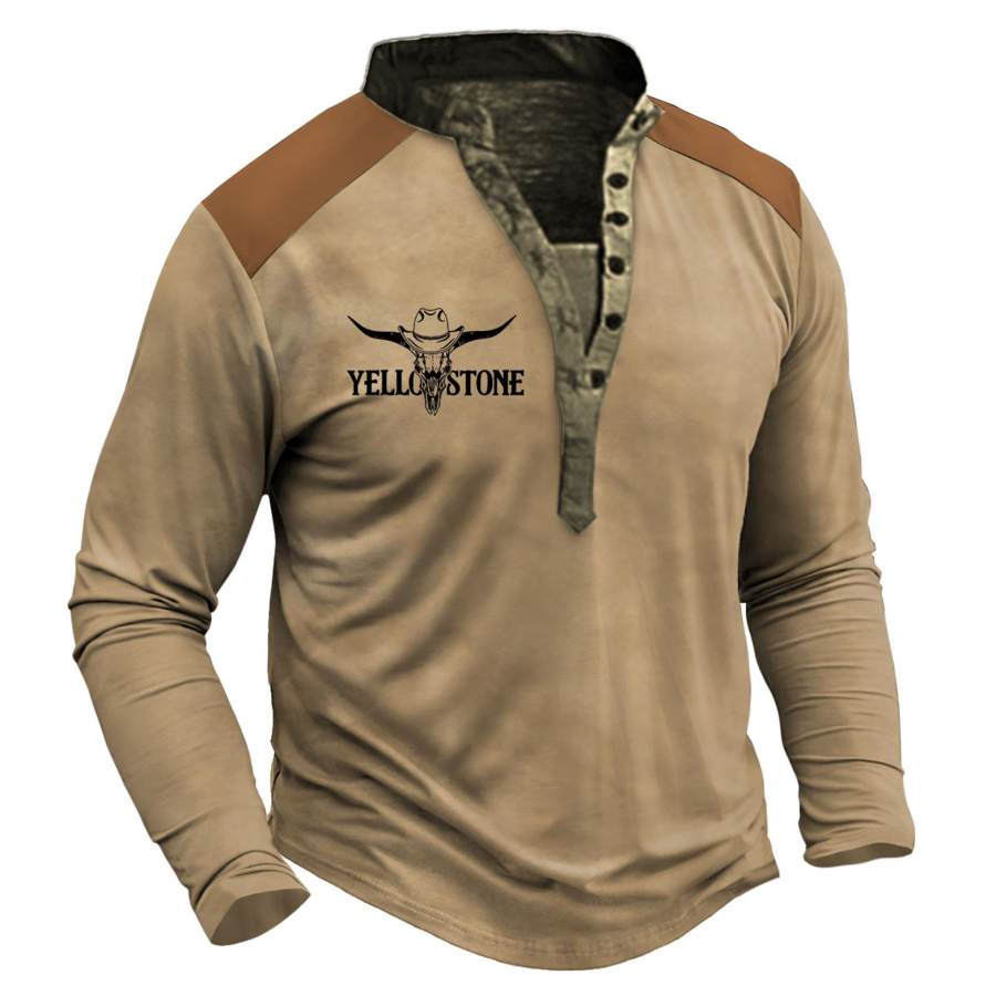 

T-shirt Pour Hommes Yellowstone Imprimé Henley Vintage Manches Longues Bloc De Couleur Hauts Quotidiens