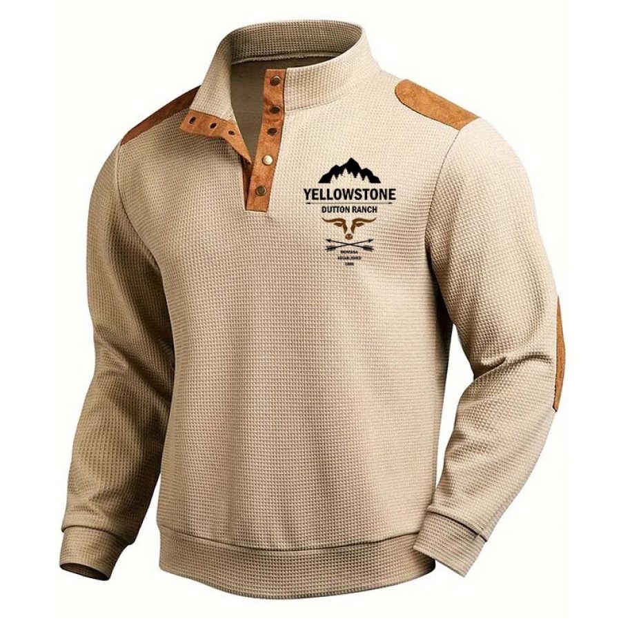 

Sweat-shirt Vintage Pour Hommes Imprimé Yellowstone Gaufré Col Montant Patch Sur Les Coudes Blocs De Couleurs Hauts Quotidiens