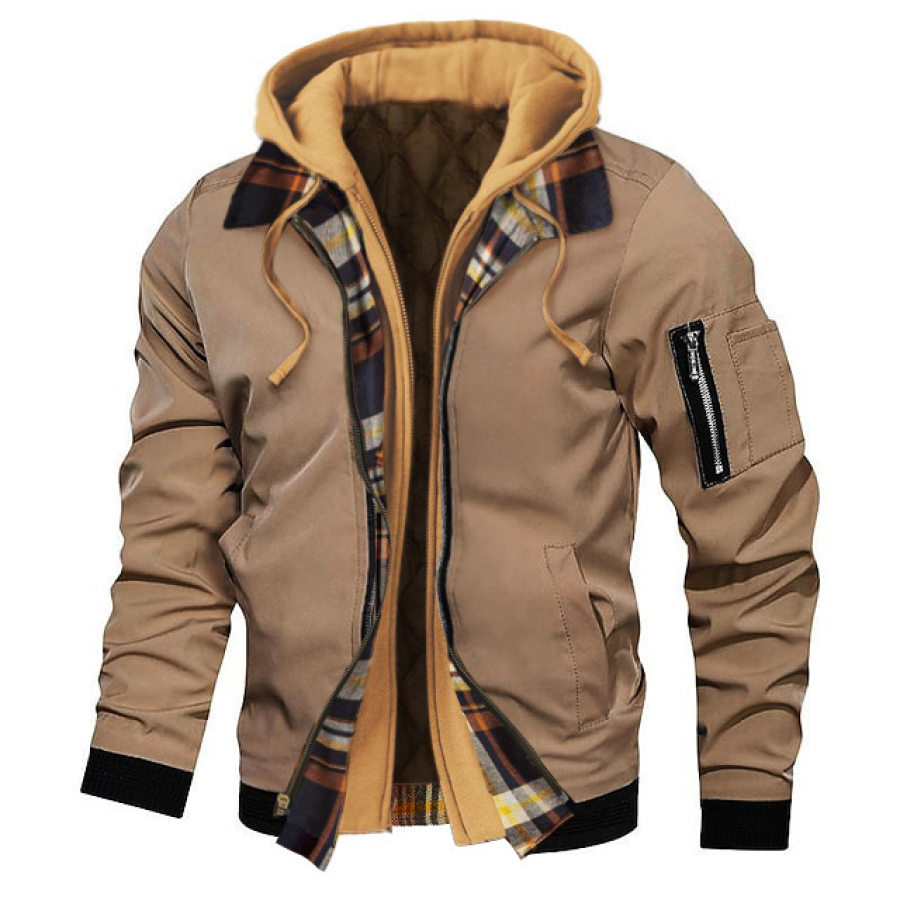 Men's Outdoor Retro Plaid Stitching Hooded Cargo Jacket Casual Daily Quilted Coats