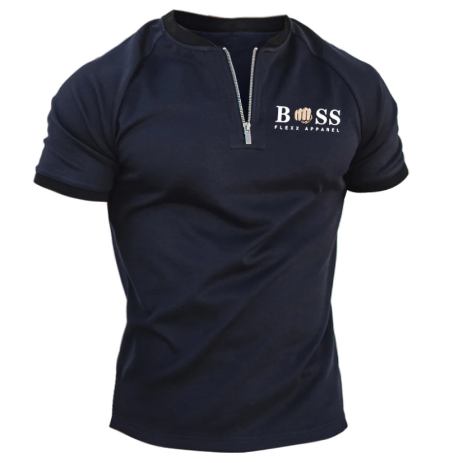 Men's BOSS 1/4 Zipper Stand Collar Casual Short-sleeved T-shirt