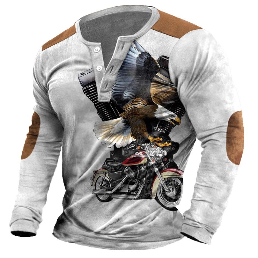 

Camiseta Para Hombre Henley Motorcycle Eagle Print Codo Parche Bloque De Color Manga Larga Tops Diarios Al Aire Libre