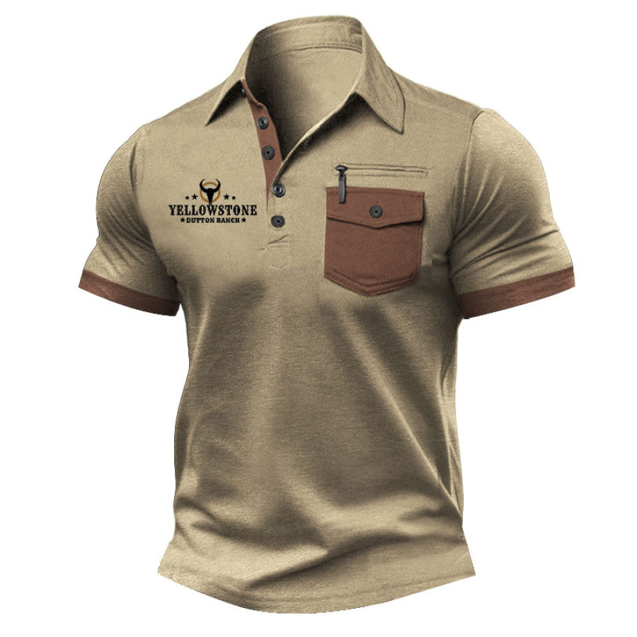 

Herren T-Shirt Polo Yellowstone Print Tasche Vintage Outdoor Farbblock Kurzarm Sommer Alltag Tops