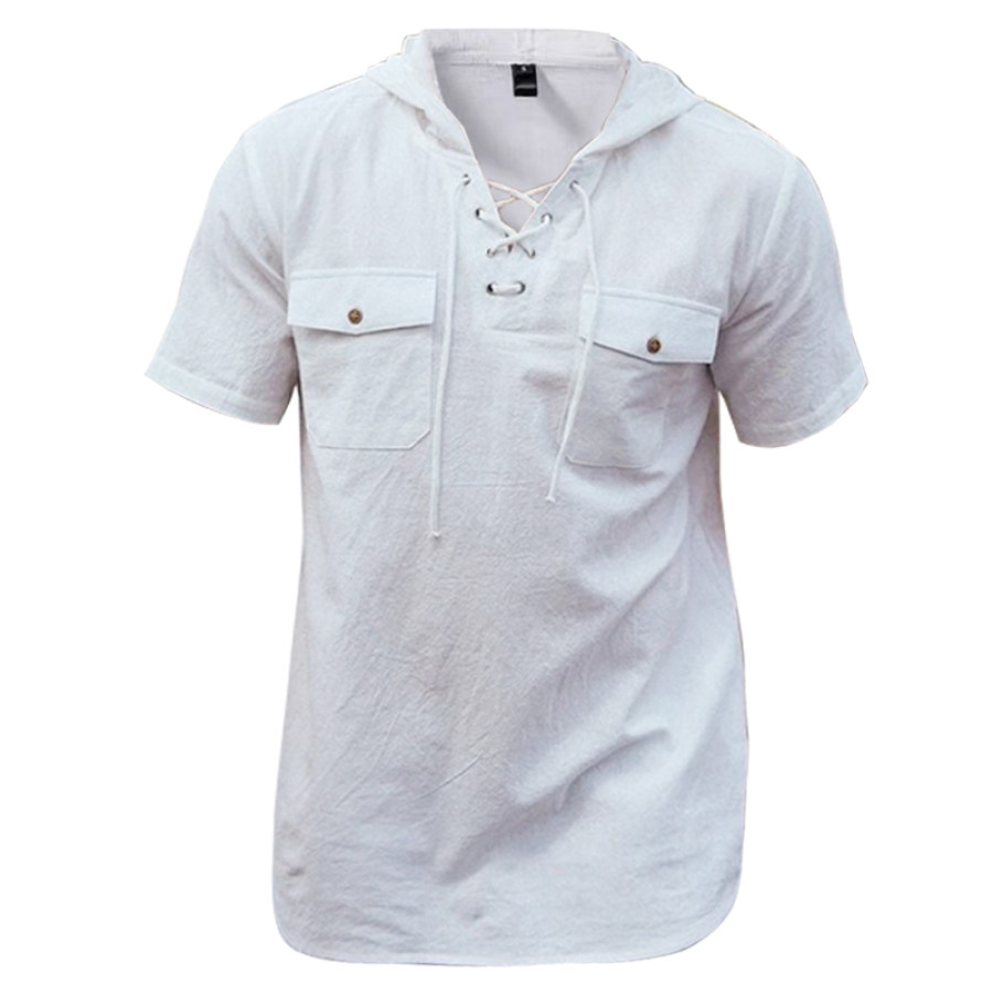 Herren-T-Shirt Aus Leinen Mit Kordelzug Und Kapuze Lässig Sommer