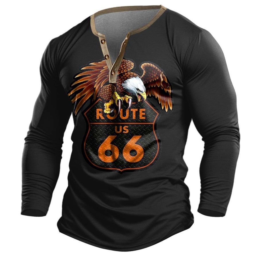

Men's T-Shirt Henley Route 66 Eagle Long Sleeve Vintage Contrast Color Daily Tops