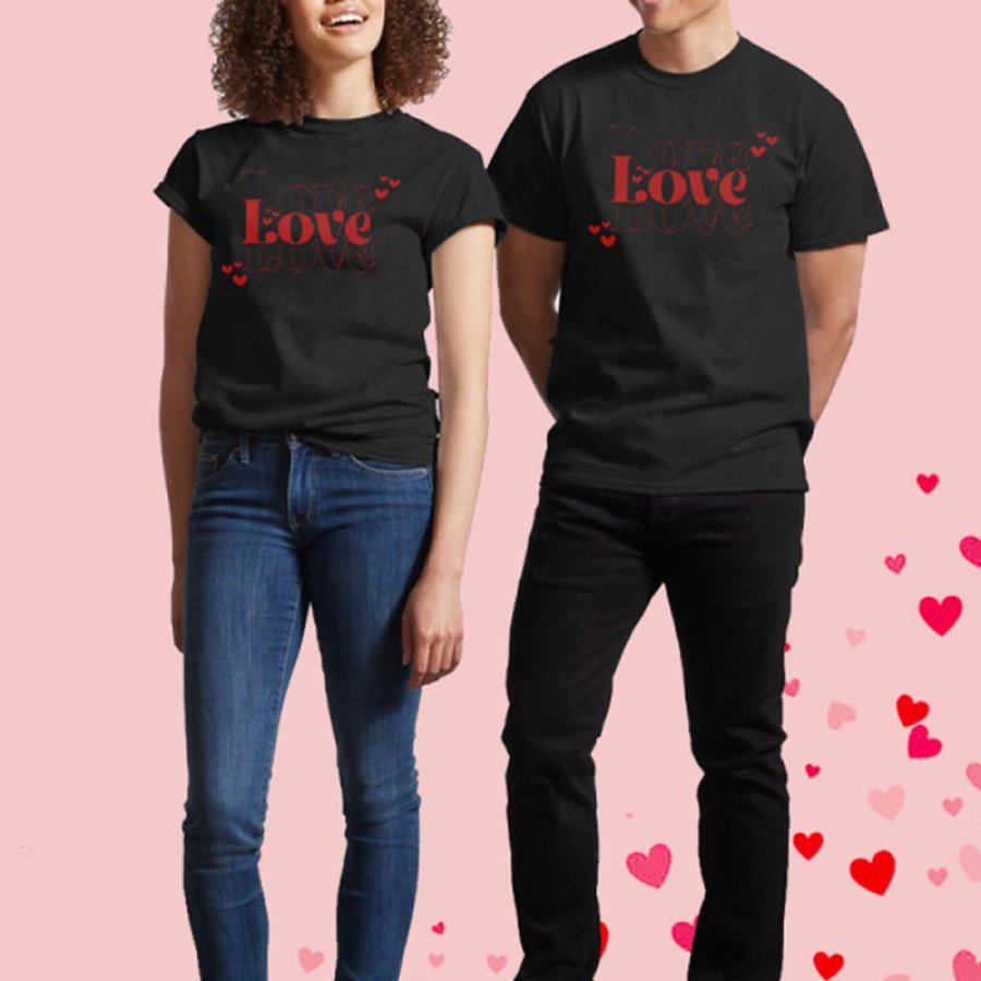 

Женская классическая футболка с принтом Love Love на День святого Валентина