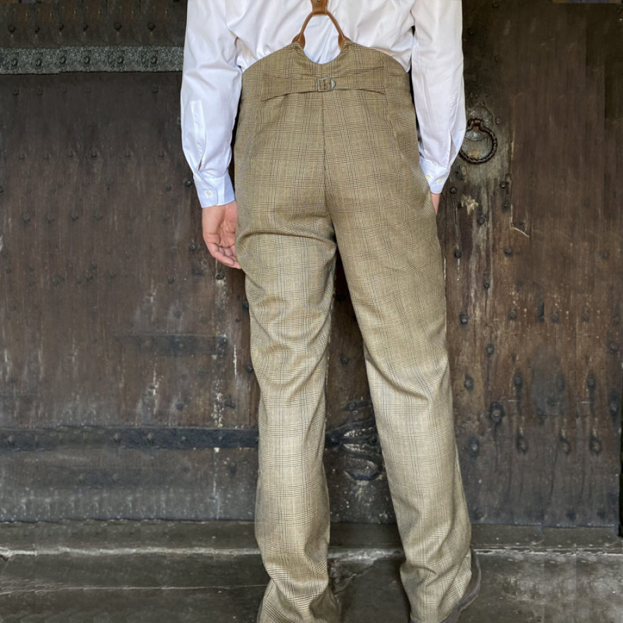 Men 19th Century High Waisted Check Trousers Button Fly Support Buttons