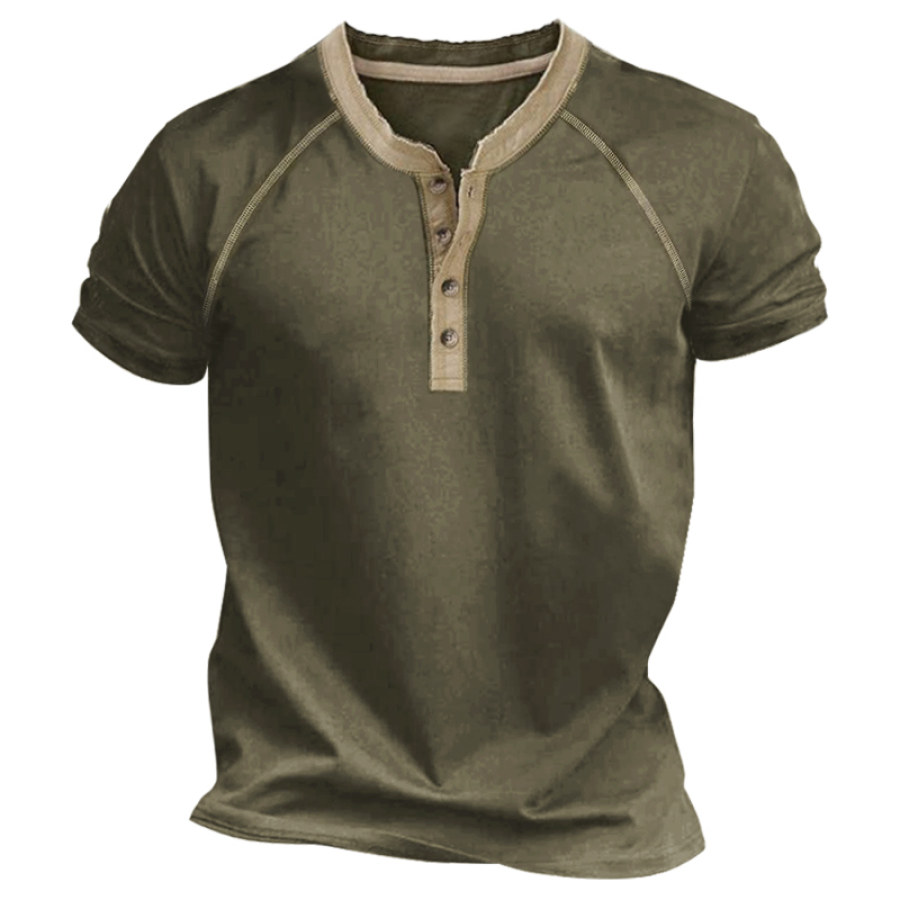 

Men's Color Block Henley T-Shirt Retro Contrast Line Raglan Short Sleeve Tee