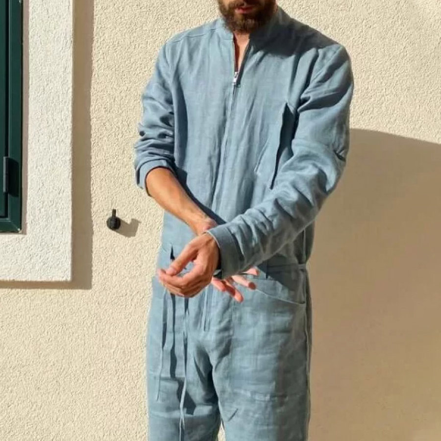 Grau-blauer Leinen-Overall Für Herren Outdoor-Casual-Resort-Kurzarm-Gürtel-Set