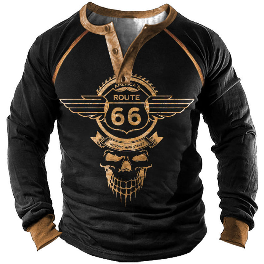

T-shirt Pour Hommes Henley Route 66 Imprimé Crâne à Manches Longues Couleur Contrastée Hauts Quotidiens