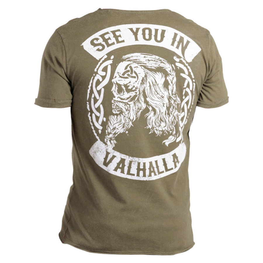 Men's See You In Valhalla Skull Print Short Sleeve Crew Neck T-Shirt