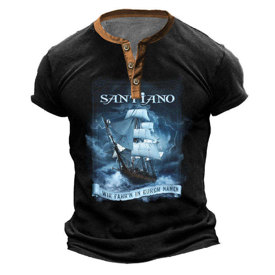

Herren T-Shirt Henley Santiano Rock Band Sailing Print Vintage Sommer Alltagsoberteile