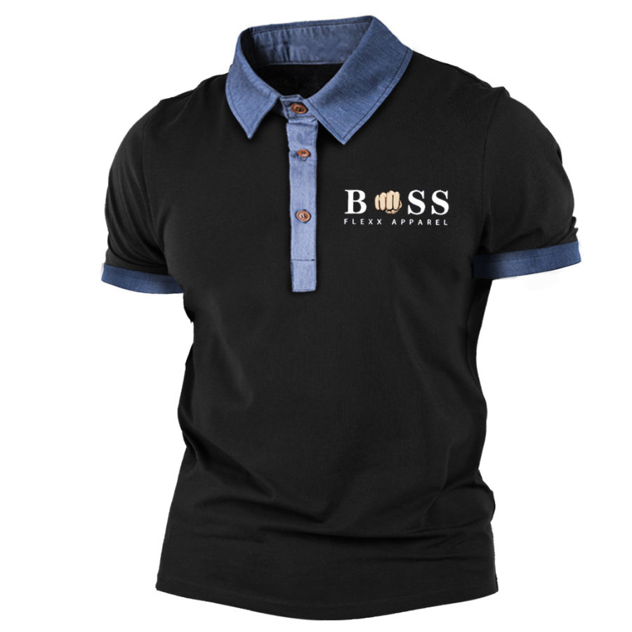 T-Shirt Homme Polo Boss Patch Denim Bloc De Couleur Manches Courtes Eté Quotidien Hauts