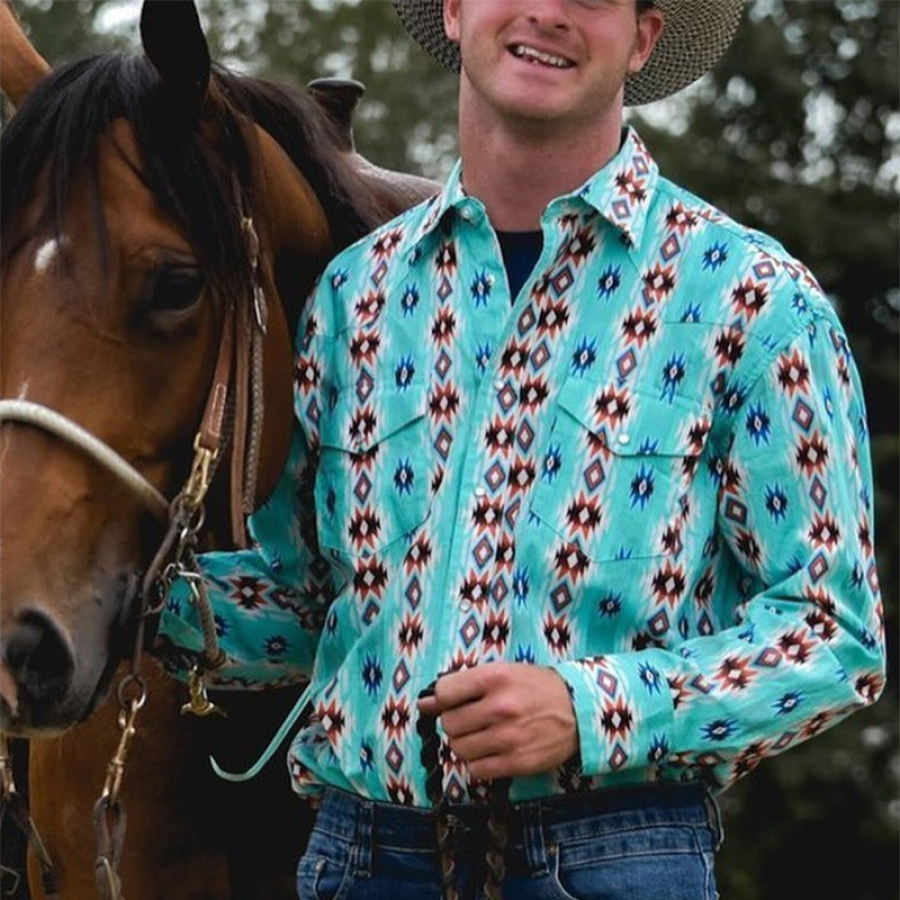 Amerikanisches Western-Denim-Retro-Hemd Mit Lässigem Musterdruck