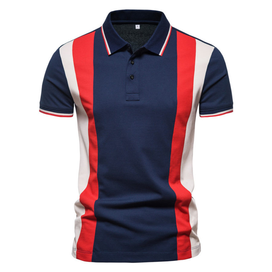 

Men's Short Sleeved Fashionable Colorful Striped Patchwork Lapel T-shirt Polo Shirt