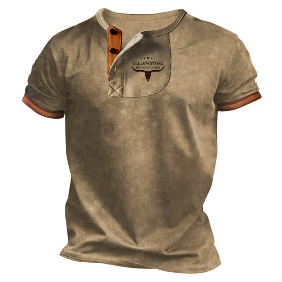 

Мужская винтажная футболка Henley с круглым вырезом и цветными блоками Yellowstone