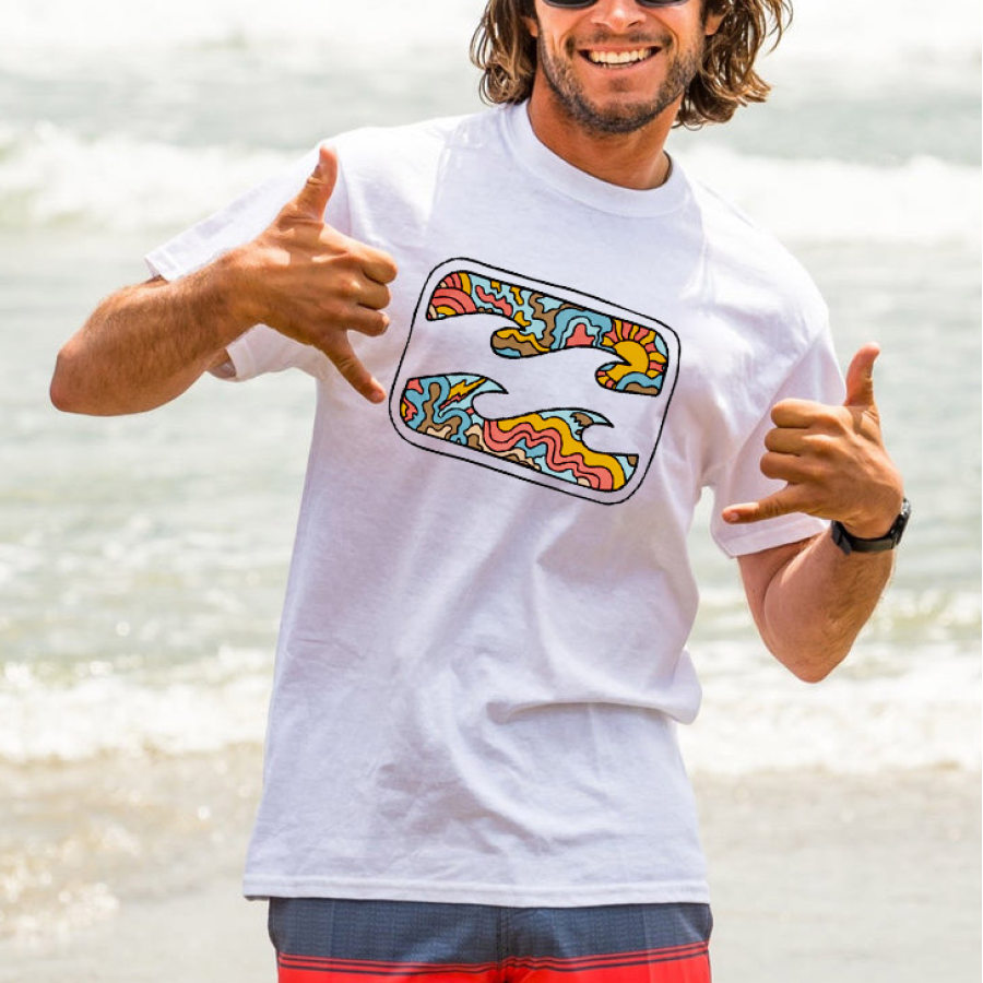 

Camiseta Para Hombre Surf Crayon Wave Print Beach Daily Cuello Redondo Manga Corta Tops