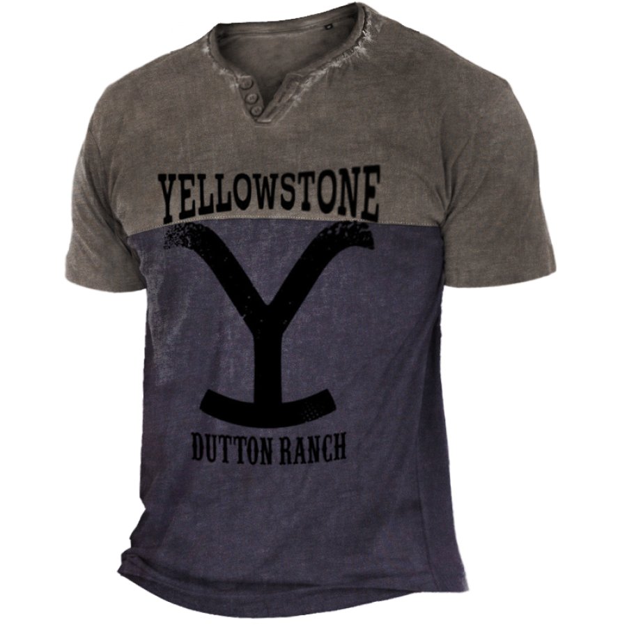 

Camiseta Vintage Con Estampado De Bloques De Color Y Cuello Henley Yellowstone Para Hombre