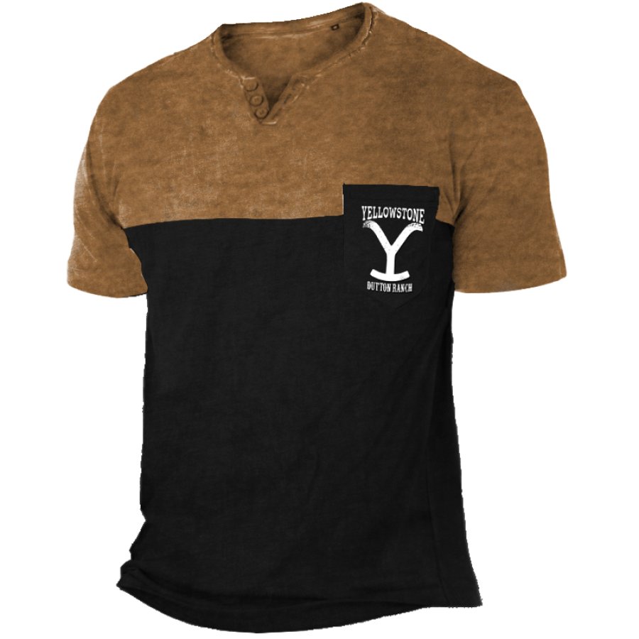 

Camiseta Vintage Con Estampado De Bolsillo Y Bloques De Color Con Cuello Henley Yellowstone Para Hombre
