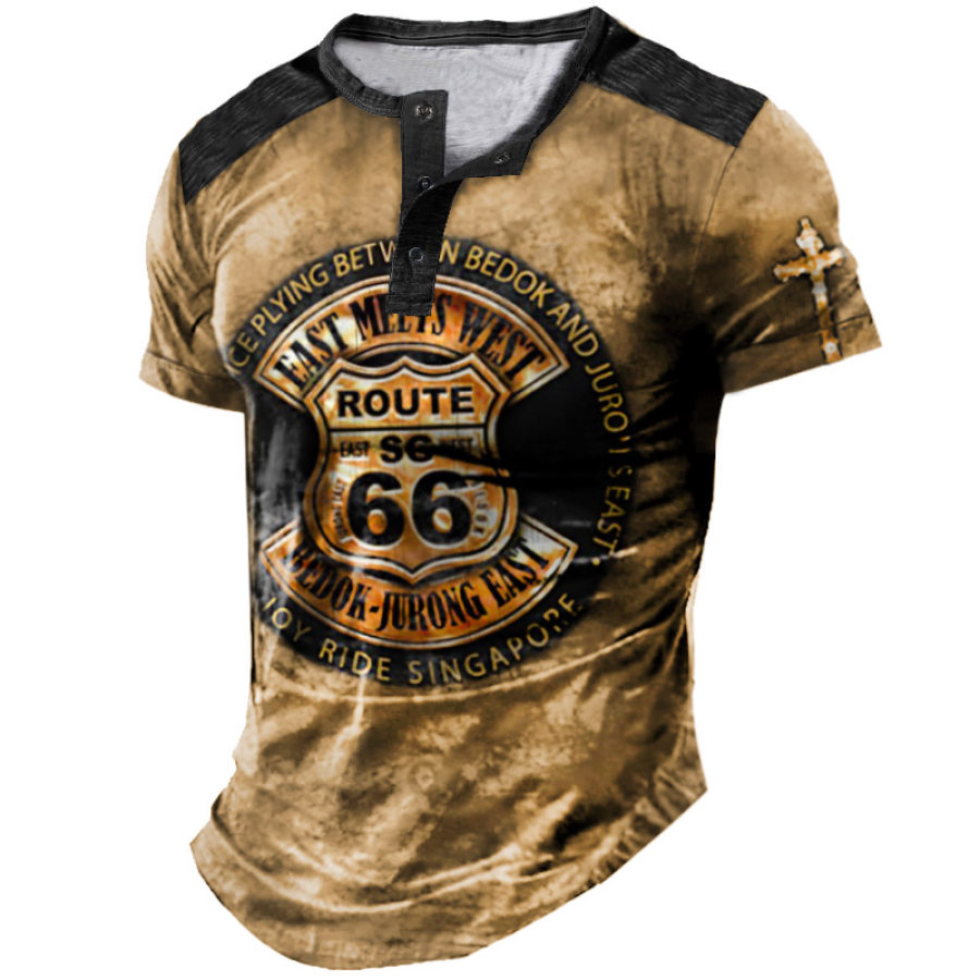 

Route 66 Cross Men's Henley T-Shirt Vintage Distressed Color Block Daily Tops