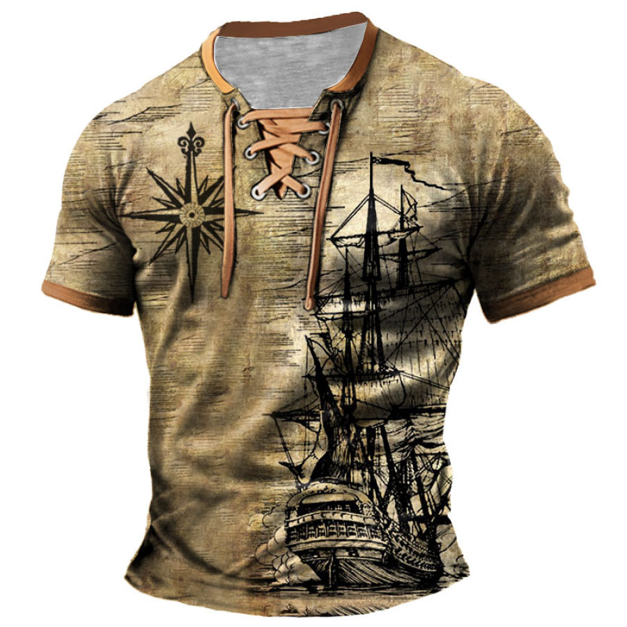 

Men's T-Shirt Nautical Sailing Compass Vintage Lace-Up Short Sleeve Color Block Summer Daily Tops