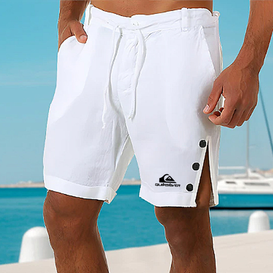 

Men's Beach Vacation Print Surf Casual Side Button Slit Linen Shorts