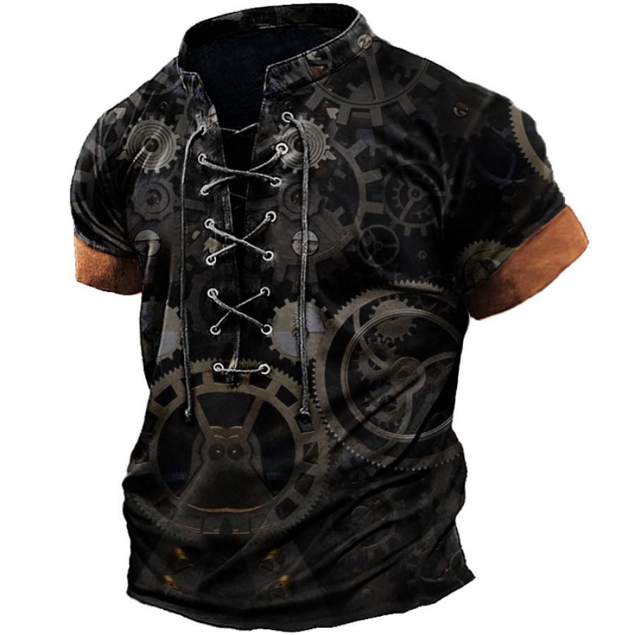 

Men's Gear Print V-neck Drawstring Contrasting Color Short Sleeved Shirt