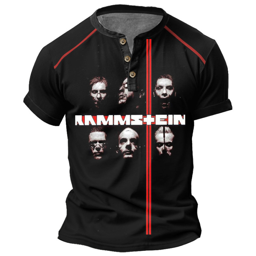 

Camiseta Henley De Manga Corta Con Estampado De Bloques De Color Vintage De Rammstein Rock Band Para Hombre