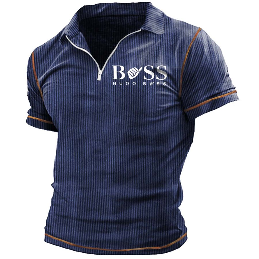 

Мужская футболка Boss в рубчик трикотажная винтажная с воротником-поло на молнии с короткими рукавами контрастного цвета летние повседневные топы
