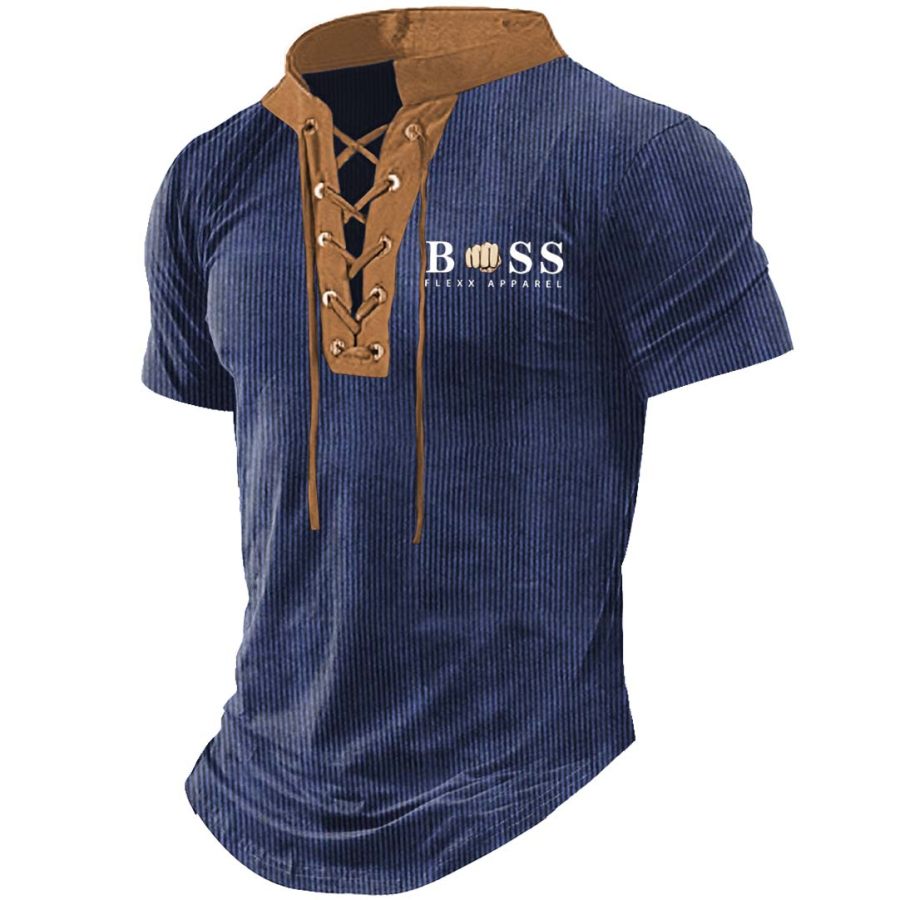 

Camiseta Para Hombre Boss Vintage Acanalado Pana Ligera Con Cordones Cuello Alto Manga Corta Bloques De Color Tops Diarios De Verano