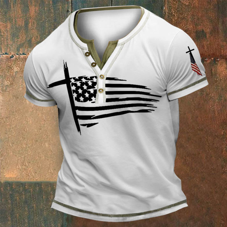 

Men's T-Shirt American Flag Cross Patriotic Vintage Pocket Henley Color Block Short Sleeve Summer Daily Tops