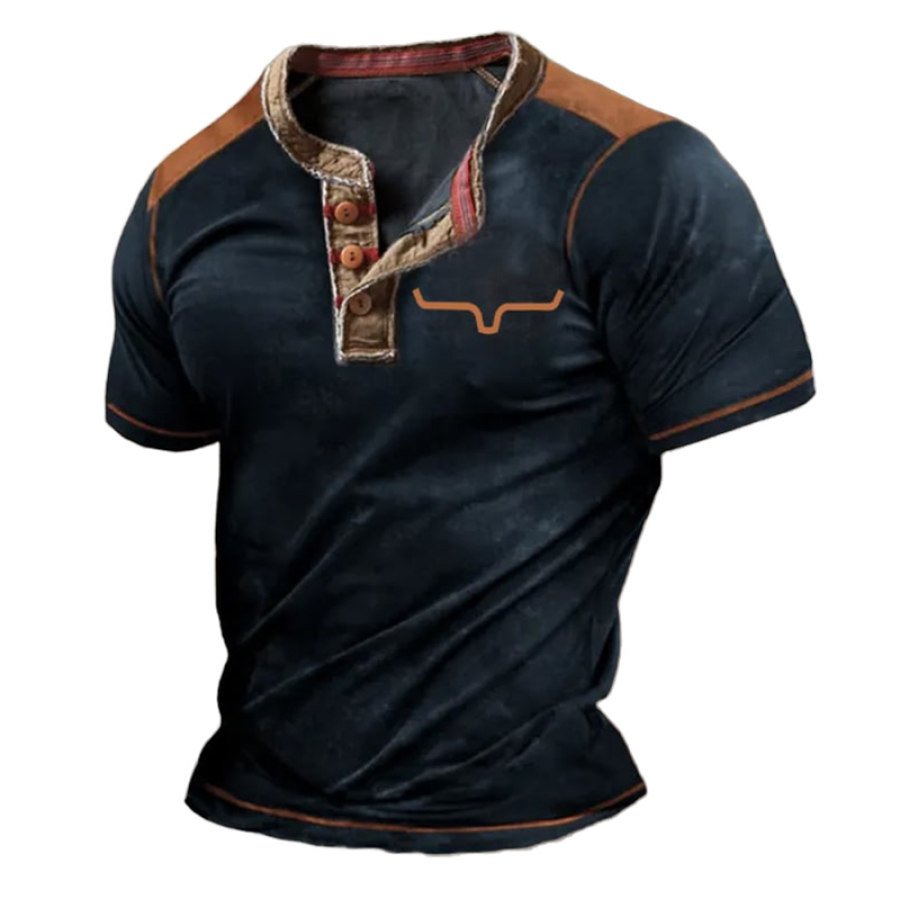 

Men's T-Shirt Western Cowboy Aztec Vintage Henley Color Block Short Sleeve Summer Daily Tops