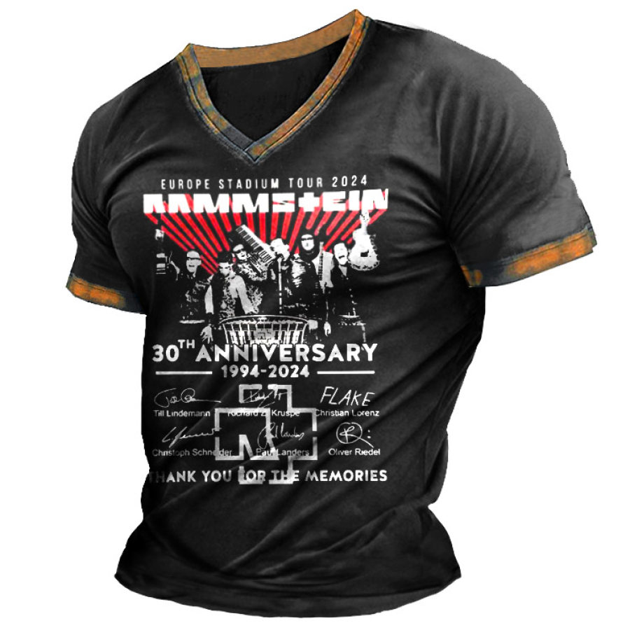 

Men's Vintage Rammstein Rock Band Europe Stadium Tour Memories Print Daily Short Sleeve V-Neck Contrast T-Shirt
