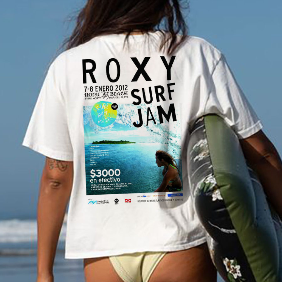 

T-shirt à Manches Courtes Pour Femmes Roxy Poster Surf Print Casual Beach Vacation