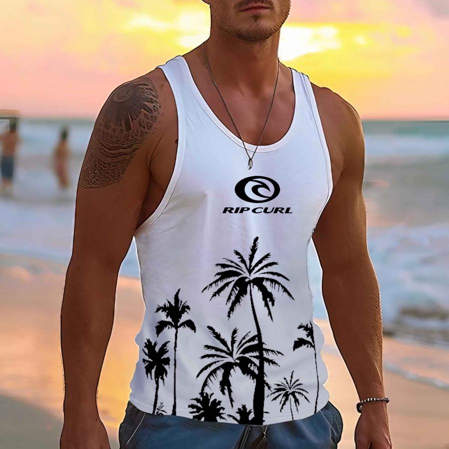 

Men's Rip Curl Surf Palm Tree Hawaiian Beach Vacation Print Casual Tank Top