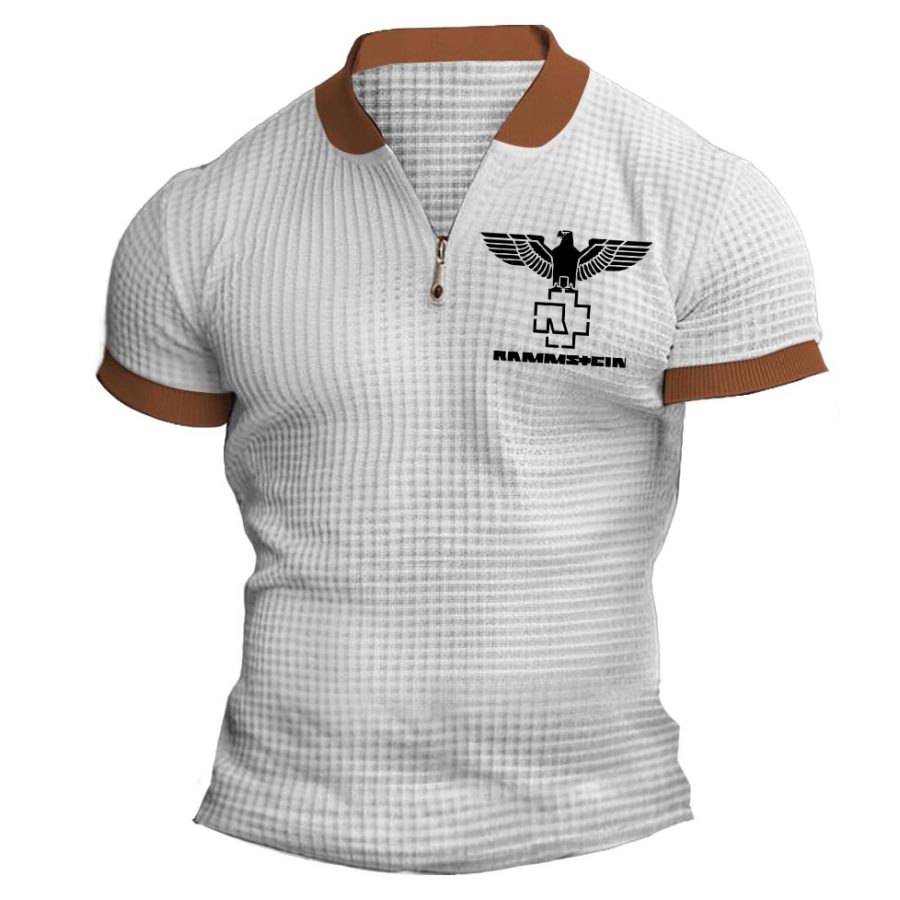 

Men's Vintage Rammstein Rock Band Waffle Knit Color Block Zipper Henley Collar T-Shirt