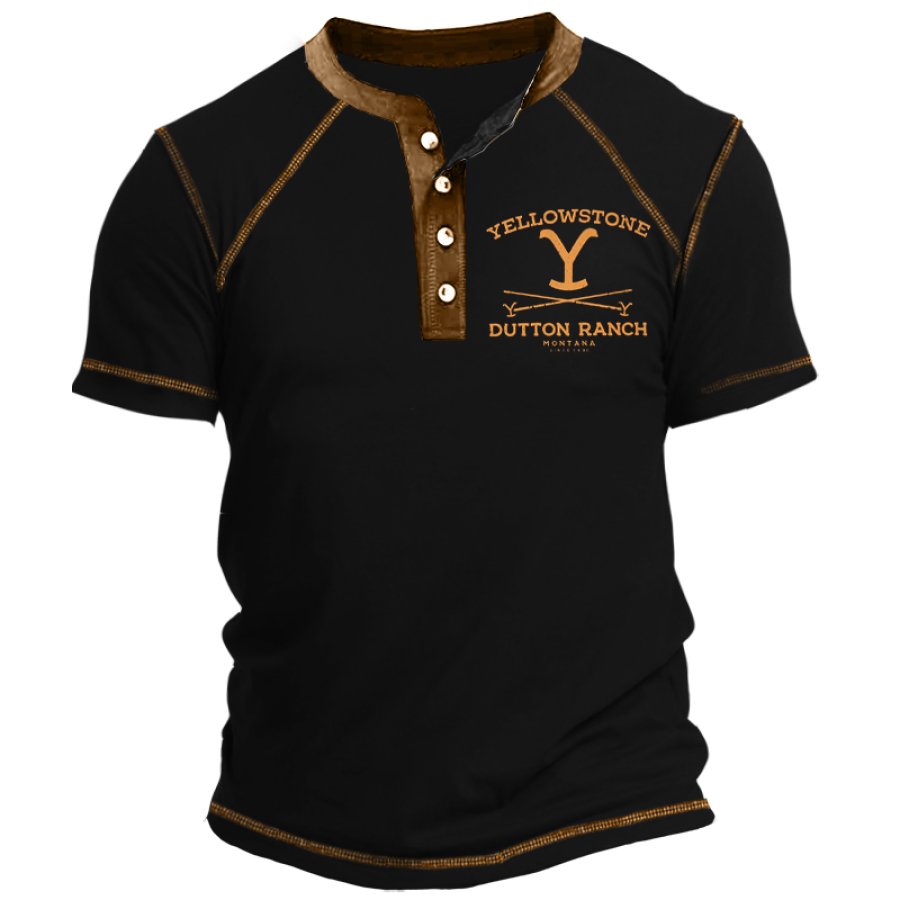 

Men's Vintage Yellowstone Print Color Block Henley Neck T-Shirt