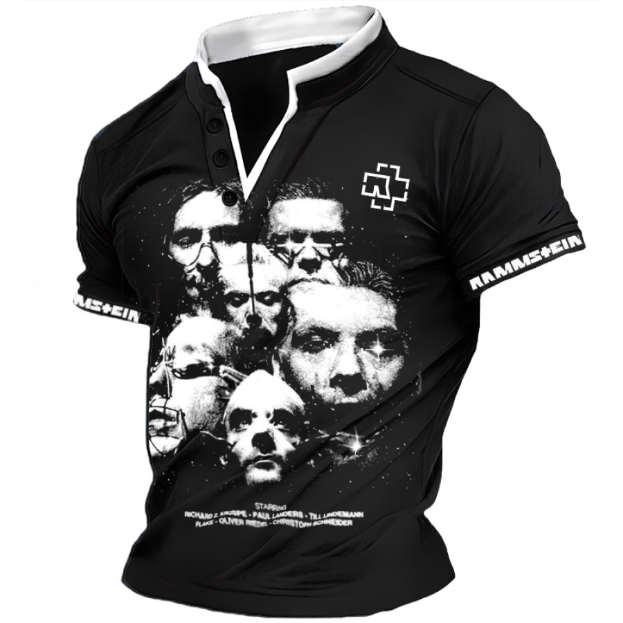 

Men's Rammstein Cuff Text Band Members Print V-neck Splicing Short Sleeved T-shirt