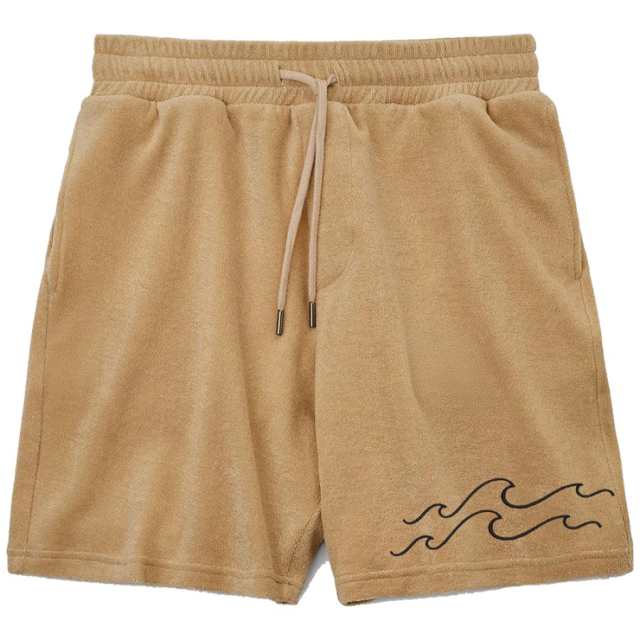 

Men's Retro Wave Embroidered French Terry Shorts Vacation Hawaiian Casual Shorts