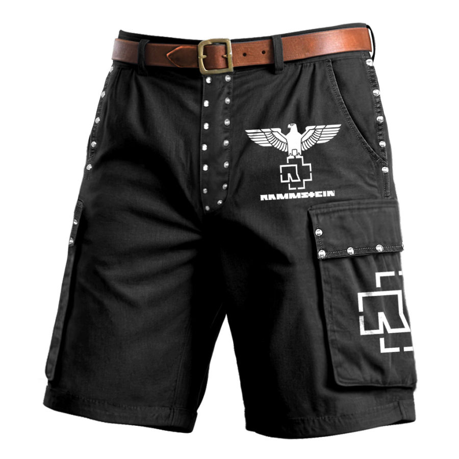 

Men's Rammstein Rock Band Print Outdoor Vintage Multi Pocket Studded Cargo Shorts