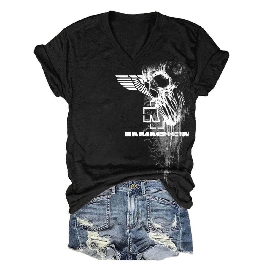

Women's Rammstein Rock Band Skull Print Short Sleeve V-Neck T-Shirt