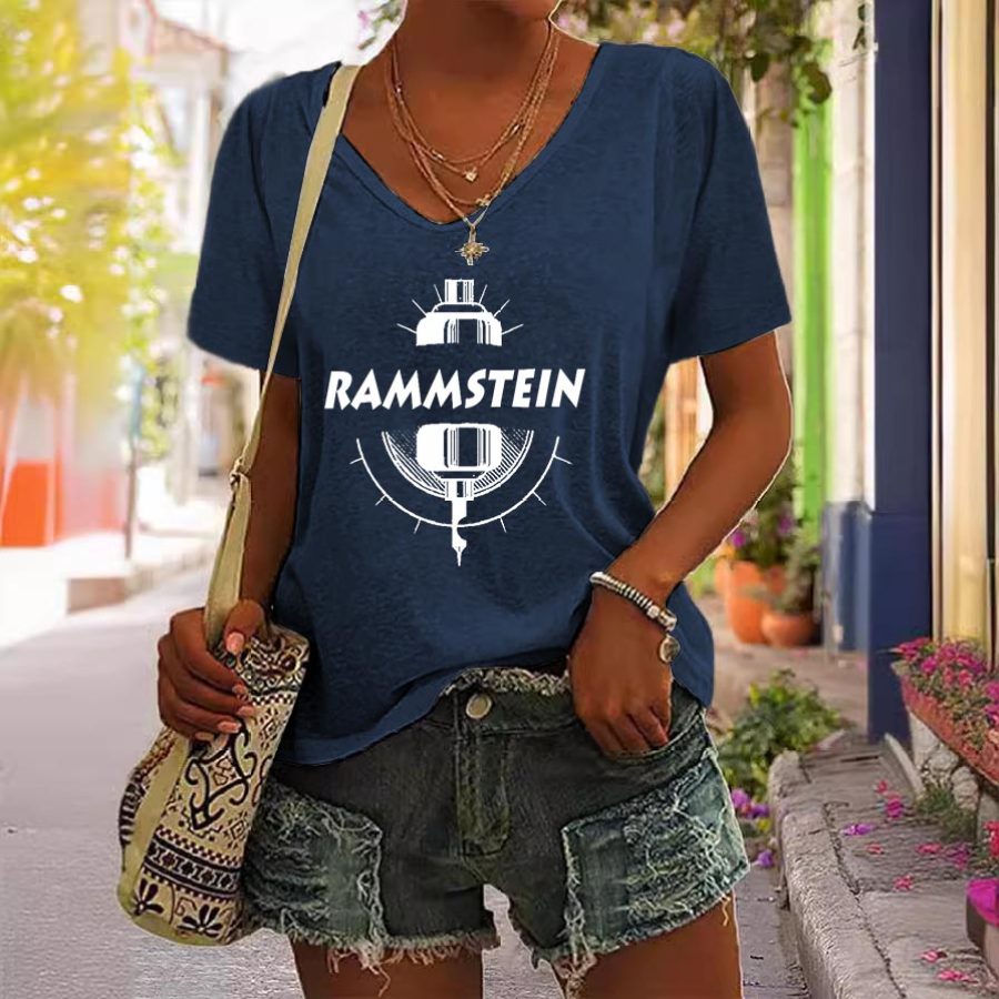 

Women's Rammstein Rock Band Print Short Sleeve V-Neck Casual T-Shirt