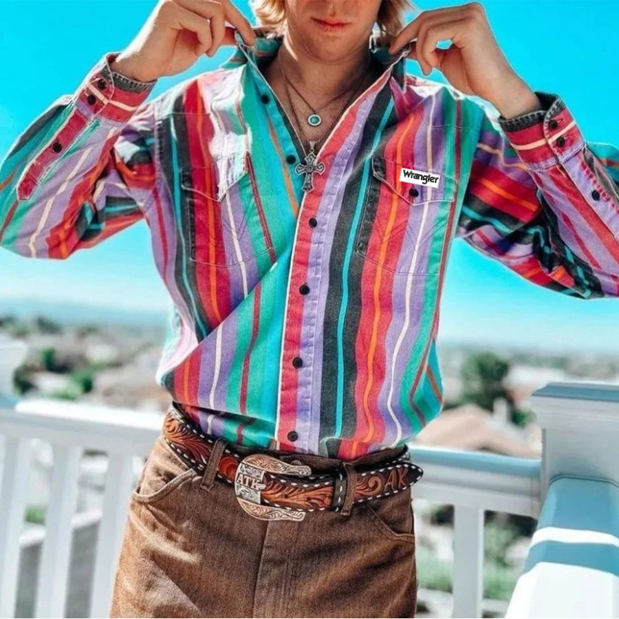 Herren-Westernhemd Mit Lässigem Retro-Westernmuster Und Vertikalem Muster
